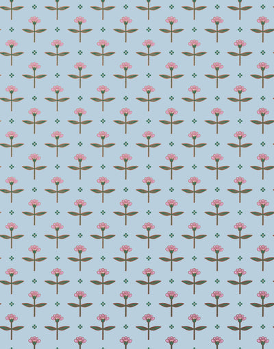 Zinnia (Sky) Wallpaper mixes a geometric layout with the soft details of the zinnia flower. Pink, green and red illustration on a sky blue ground.