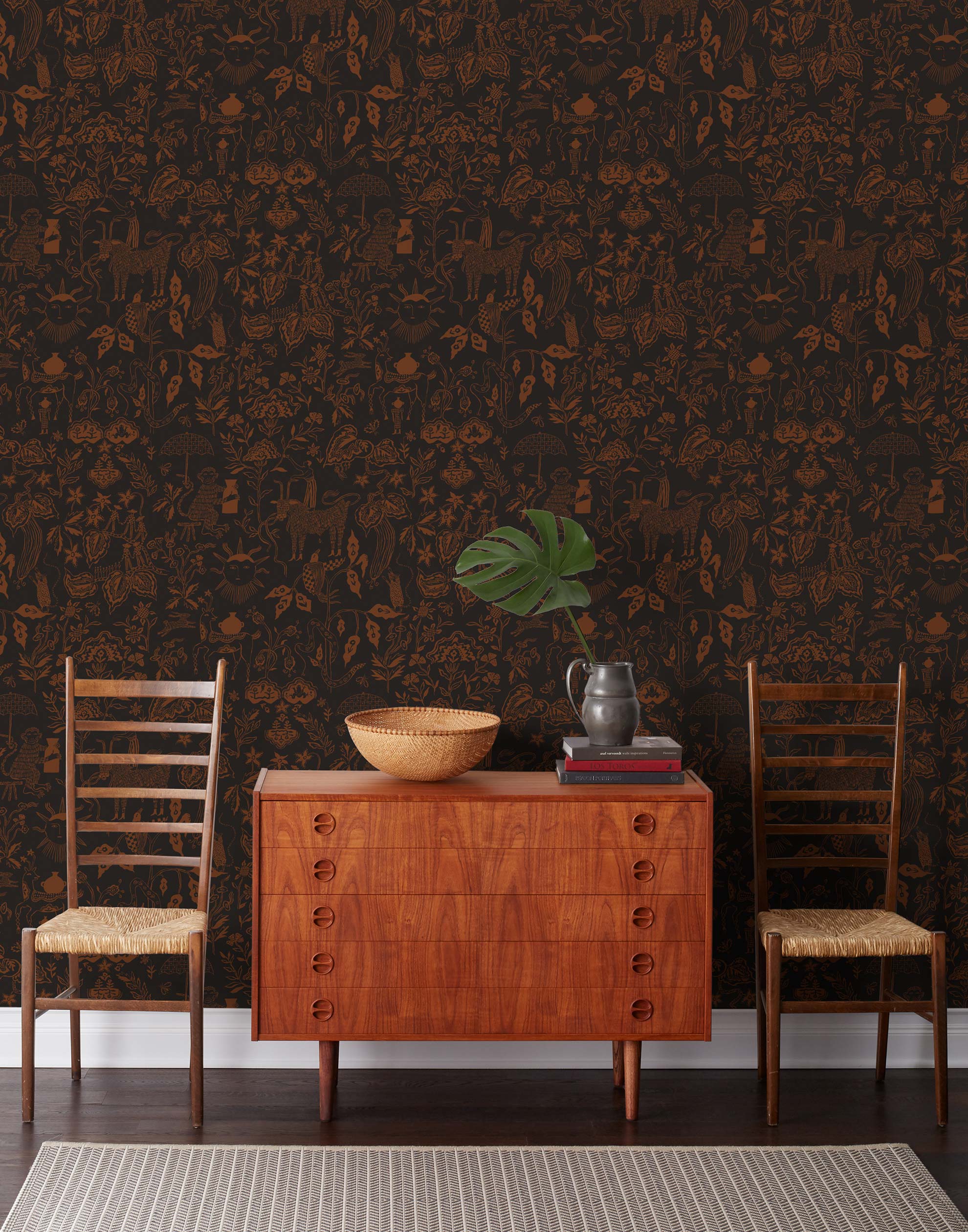 Clouds to Cry (Ebony) features hand-drawn animals in a garden scene. Brown illustration on a soft black ground.