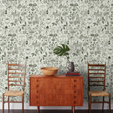 Clouds to Cry (Fern) features hand-drawn animals in a garden scene. Fern green illustration on a soft gray ground.