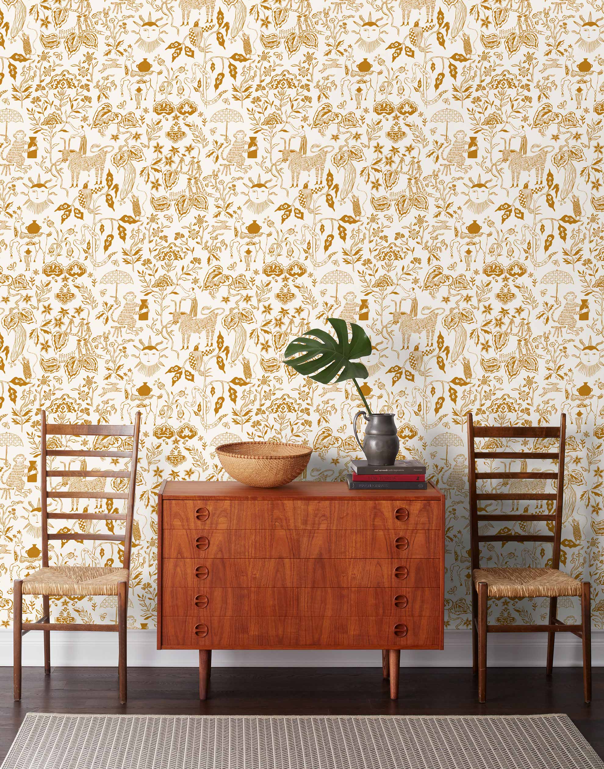 Clouds to Cry (Goldenrod) features hand-drawn animals in a garden scene. Ochre yellow illustration on a white ground.