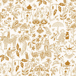 Clouds to Cry (Goldenrod) features hand-drawn animals in a garden scene. Ochre yellow illustration on a white ground.