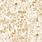 Clouds to Cry (Goldenrod) features hand-drawn animals in a garden scene. Ochre yellow illustration on a white ground.