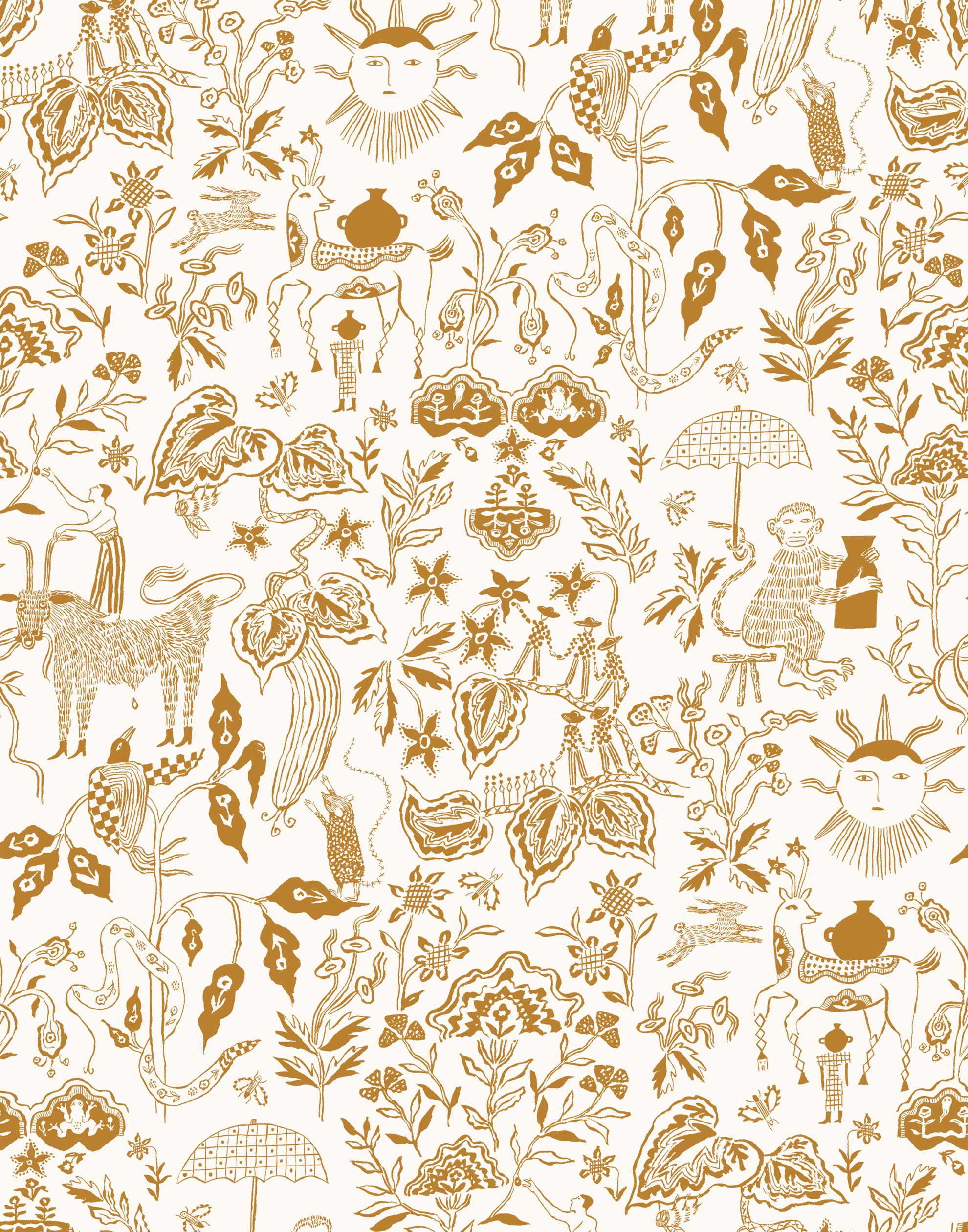 Clouds to Cry (Goldenrod) features hand-drawn animals in a garden scene. Ochre yellow illustration on a white ground.