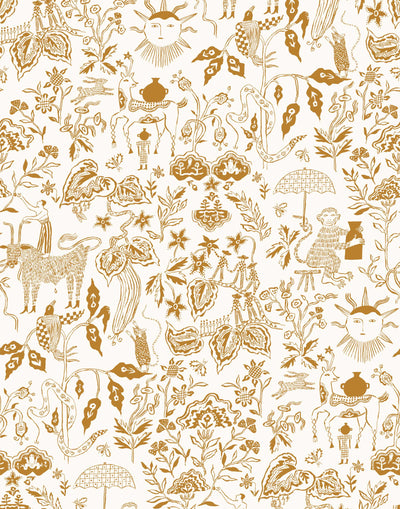 Clouds to Cry (Goldenrod) features hand-drawn animals in a garden scene. Ochre yellow illustration on a white ground.