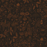 Clouds to Cry (Ebony) features hand-drawn animals in a garden scene. Brown illustration on a soft black ground.