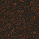 Clouds to Cry (Ebony) features hand-drawn animals in a garden scene. Brown illustration on a soft black ground.
