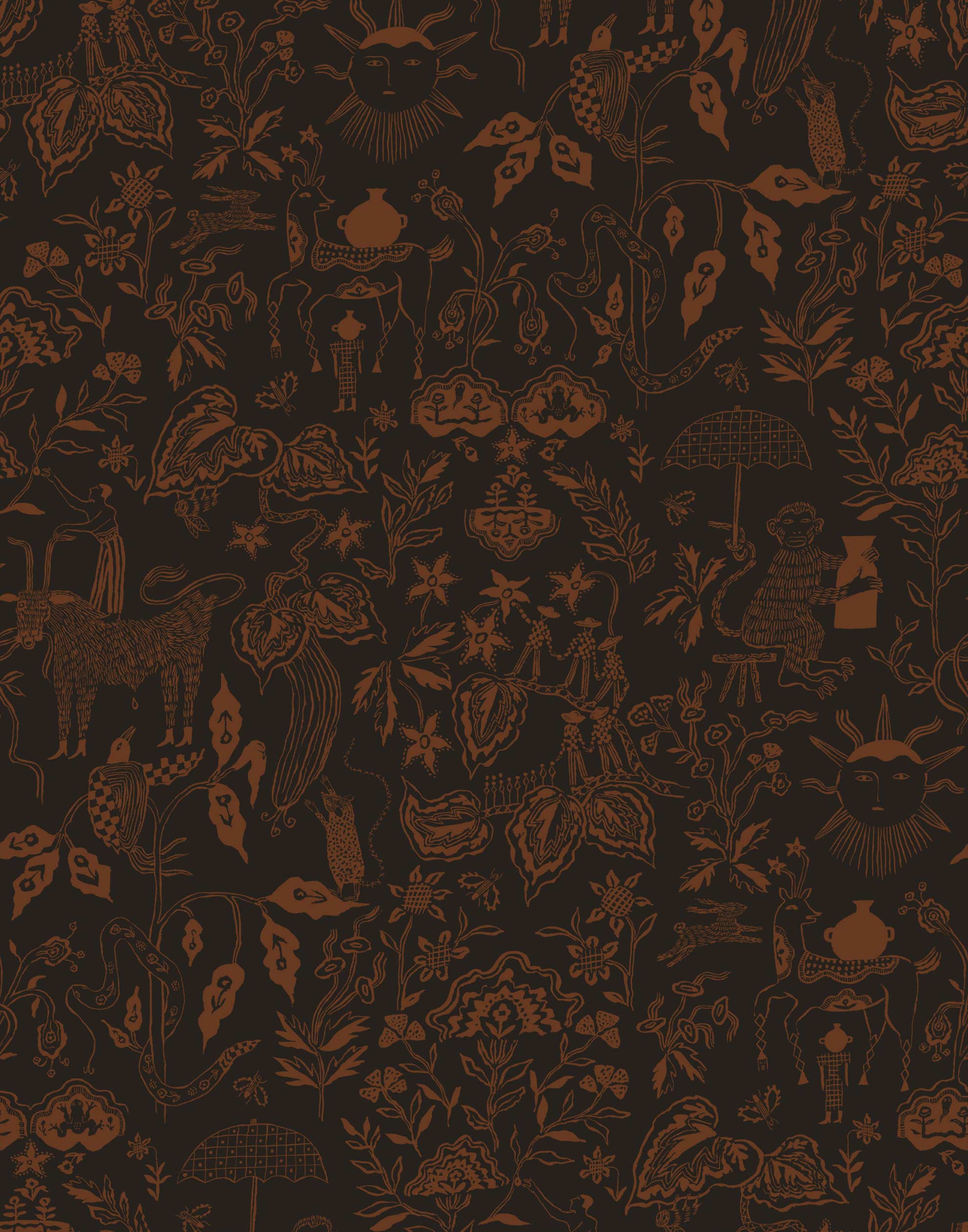 Clouds to Cry (Ebony) features hand-drawn animals in a garden scene. Brown illustration on a soft black ground.