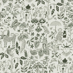 Clouds to Cry (Fern) features hand-drawn animals in a garden scene. Fern green illustration on a soft gray ground.
