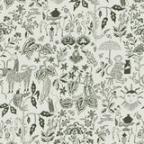 Clouds to Cry (Fern) features hand-drawn animals in a garden scene. Fern green illustration on a soft gray ground.