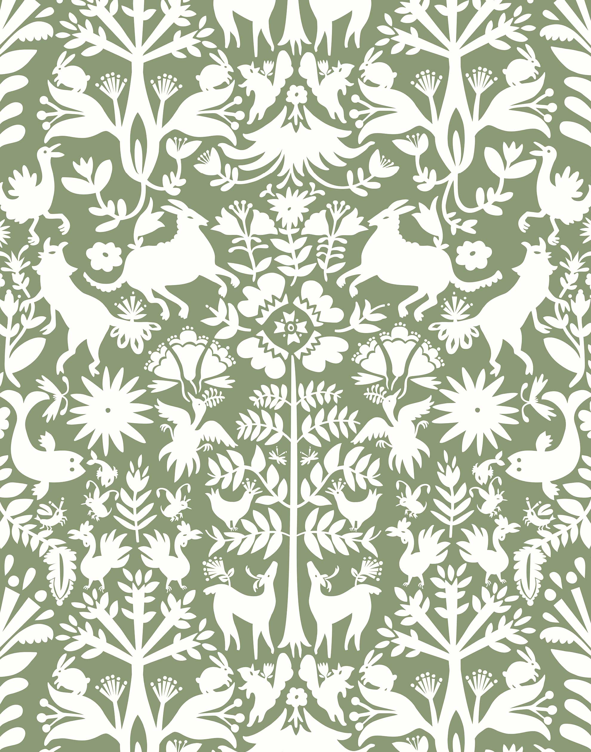 Folklore (Fern) features white animals and flowers in a mirroring pattern on a soft green backgroud designed by Emily Isabella for Hygge & West