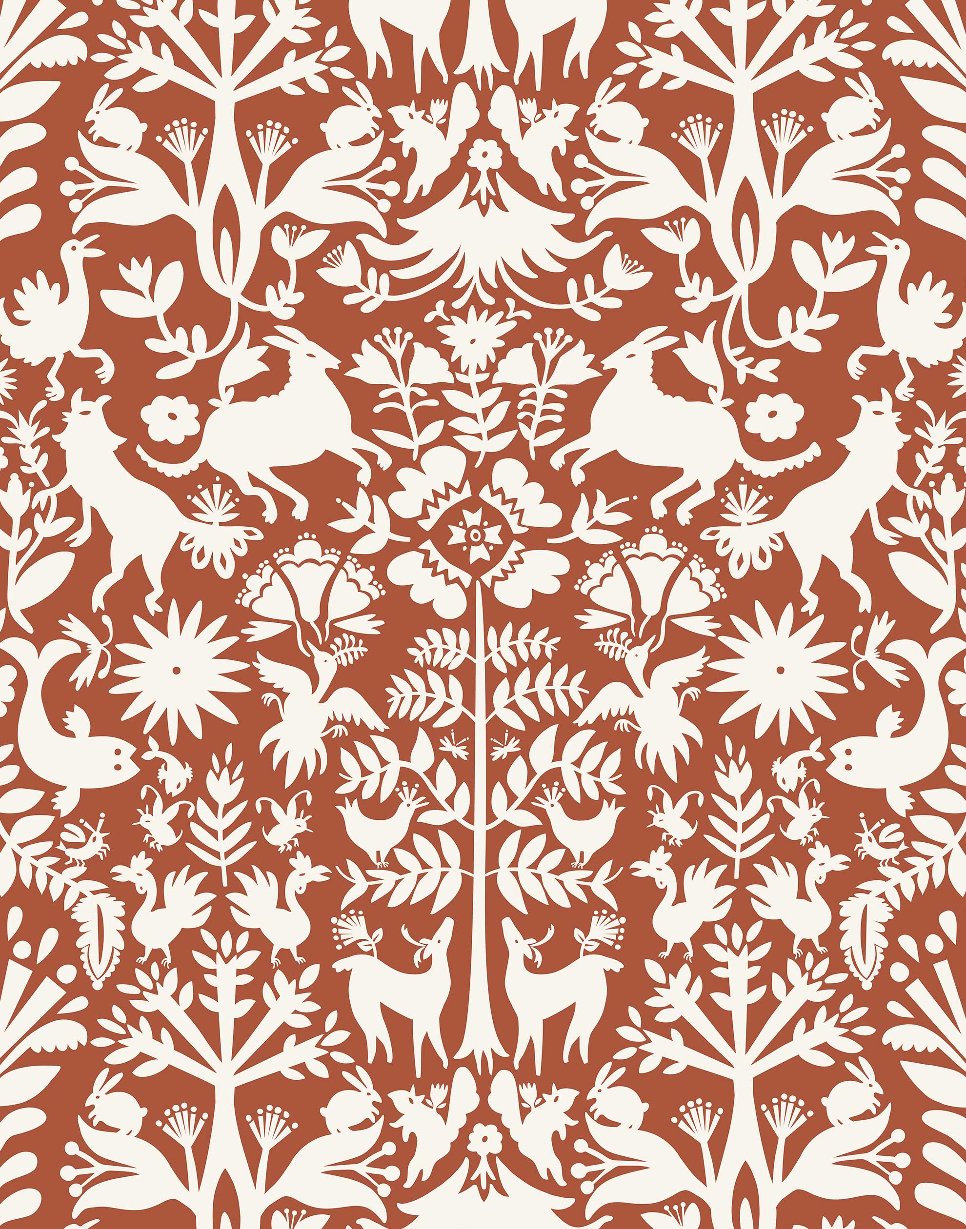 Folklore (Terracotta) features white animals and flowers in a mirroring pattern on a terracotta red backgroud designed by Emily Isabella for Hygge & West