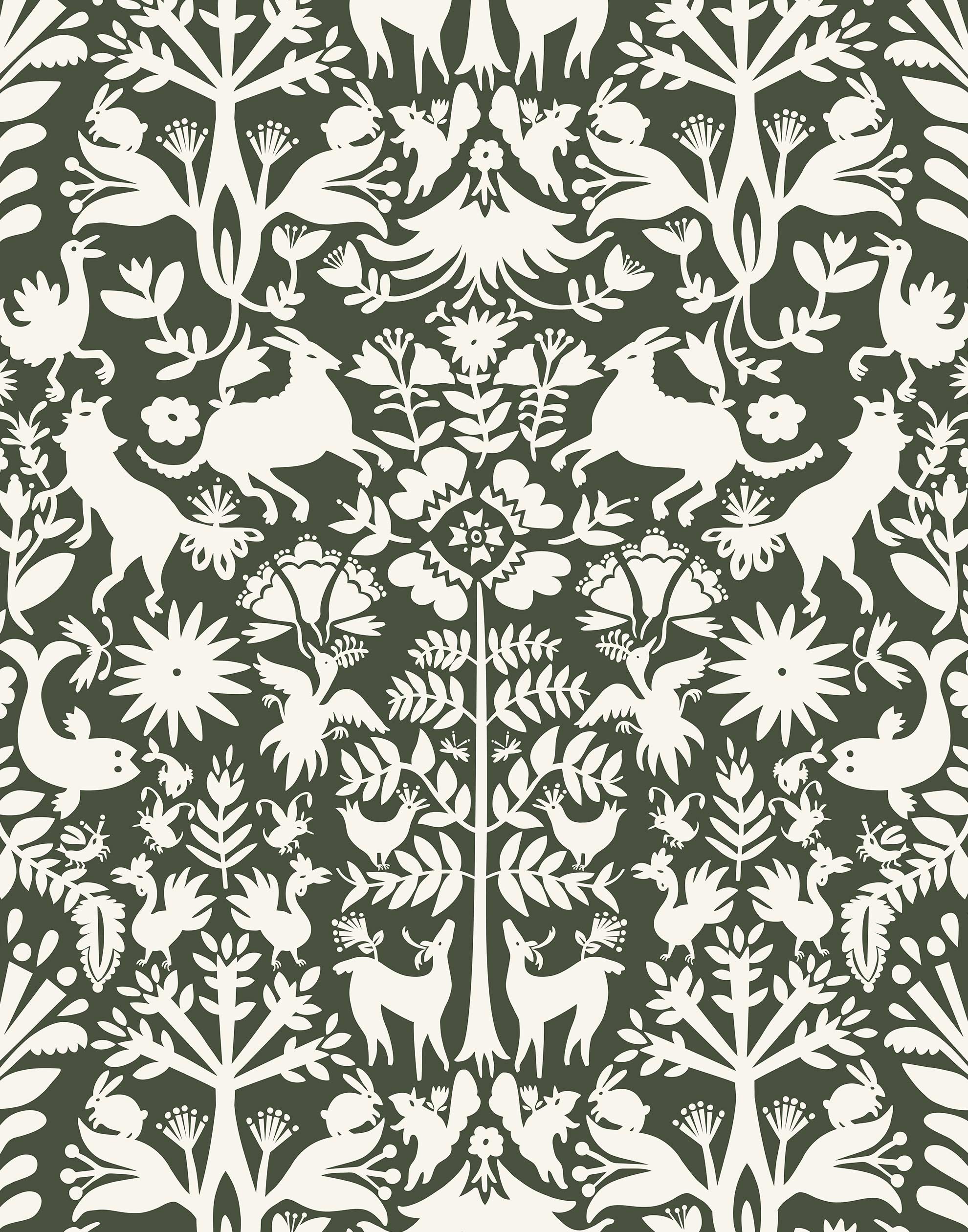 Folklore (Sage) features white animals and flowers in a mirroring pattern on a sage green backgroud designed by Emily Isabella for Hygge & West