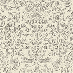 Storyline (Parchment) Wallpaper | Folk art inspired pattern featuring flora and fauna in black on a parchment ground