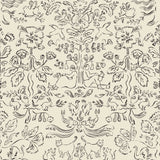 Storyline (Parchment) Wallpaper | Folk art inspired pattern featuring flora and fauna in black on a parchment ground