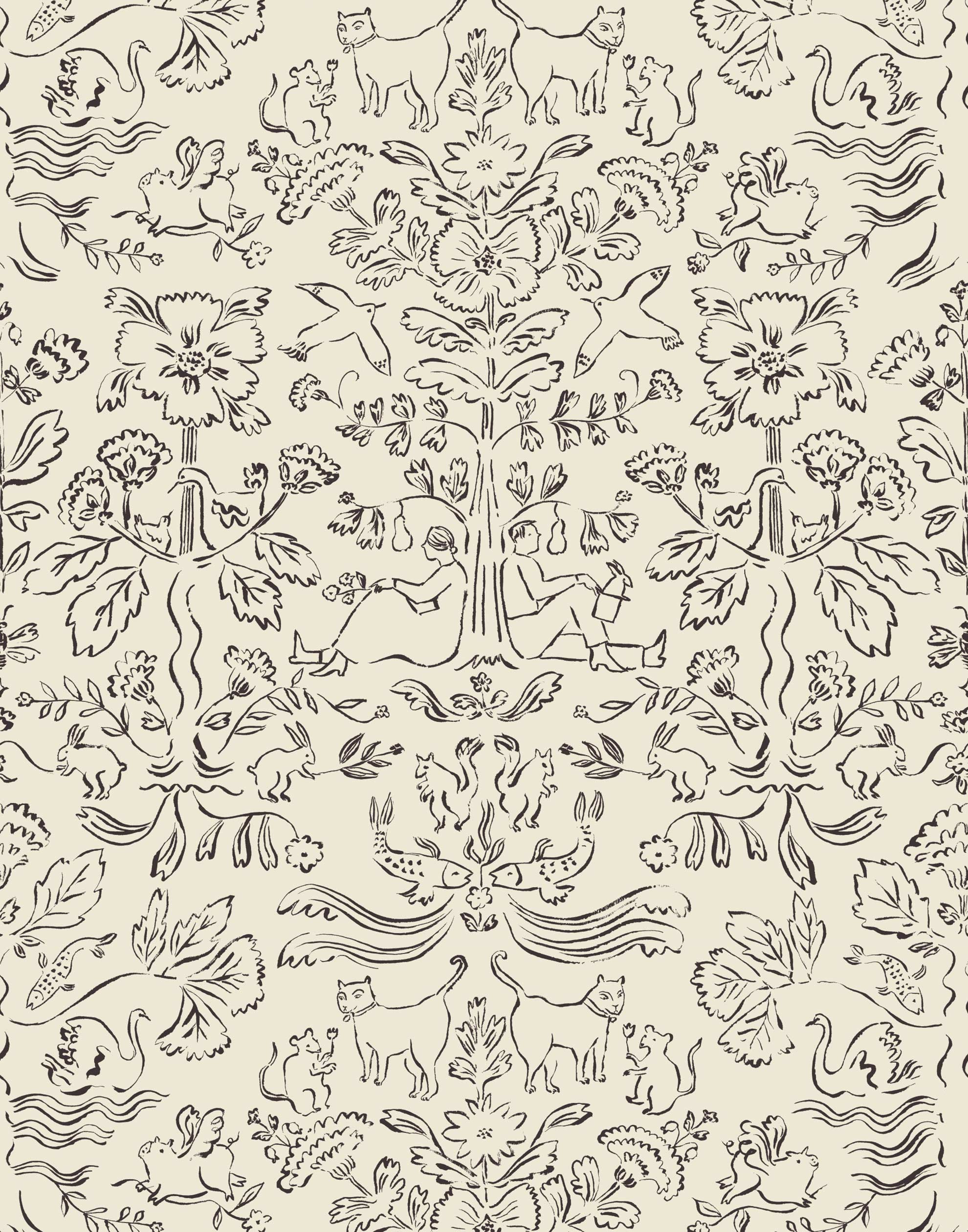 Storyline (Parchment) Wallpaper | Folk art inspired pattern featuring flora and fauna in black on a parchment ground