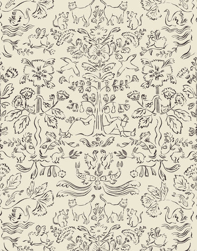 Storyline (Parchment) Wallpaper | Folk art inspired pattern featuring flora and fauna in black on a parchment ground