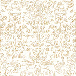 Storyline (Goldenrod) Wallpaper | Folk art inspired pattern featuring flora and fauna in ochre yellow on a white ground