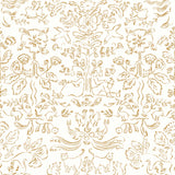 Storyline (Goldenrod) Wallpaper | Folk art inspired pattern featuring flora and fauna in ochre yellow on a white ground