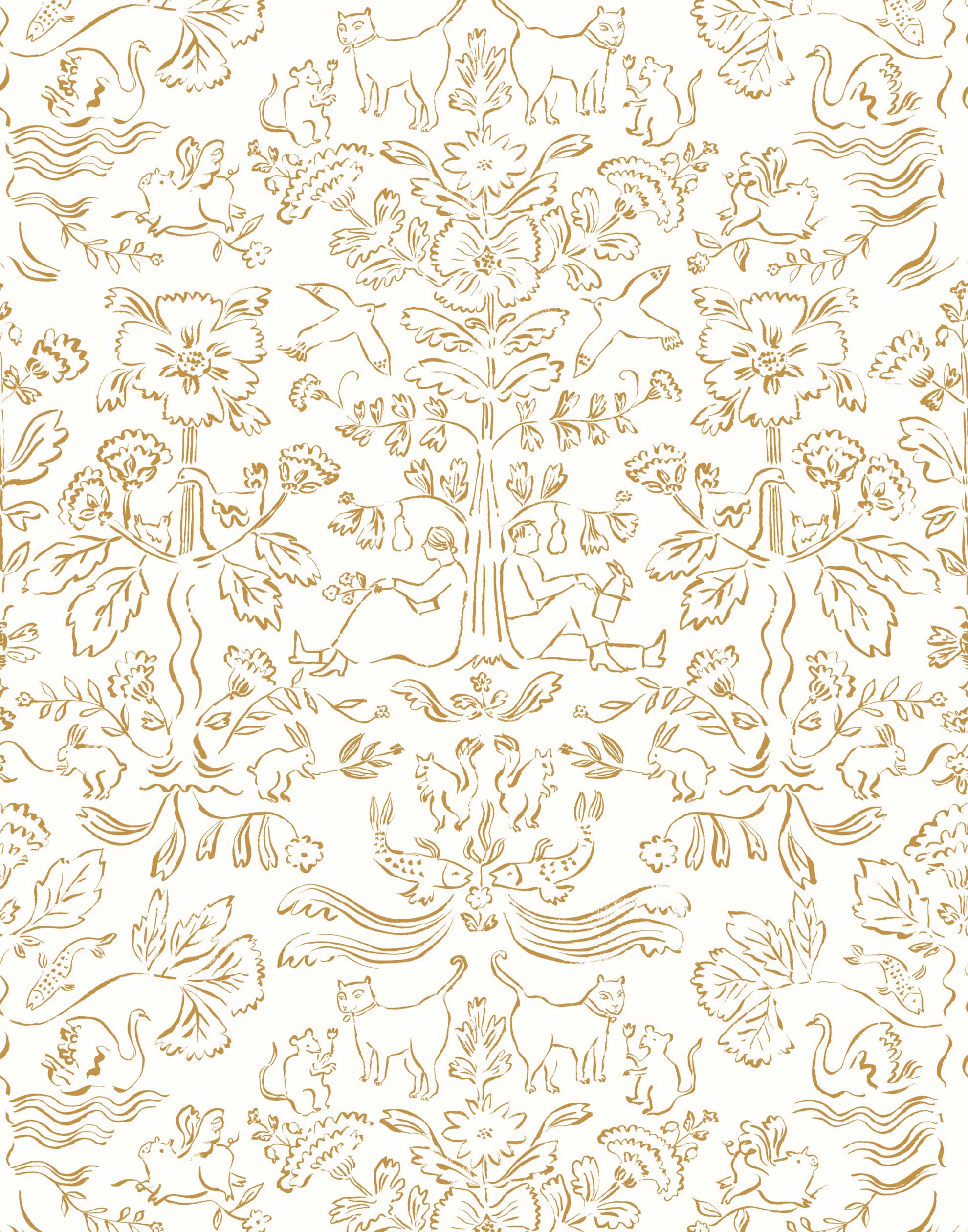 Storyline (Goldenrod) Wallpaper | Folk art inspired pattern featuring flora and fauna in ochre yellow on a white ground