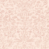 Storyline (Blush) Wallpaper | Folk art inspired pattern featuring flora and fauna in dusty pink on a soft pink ground