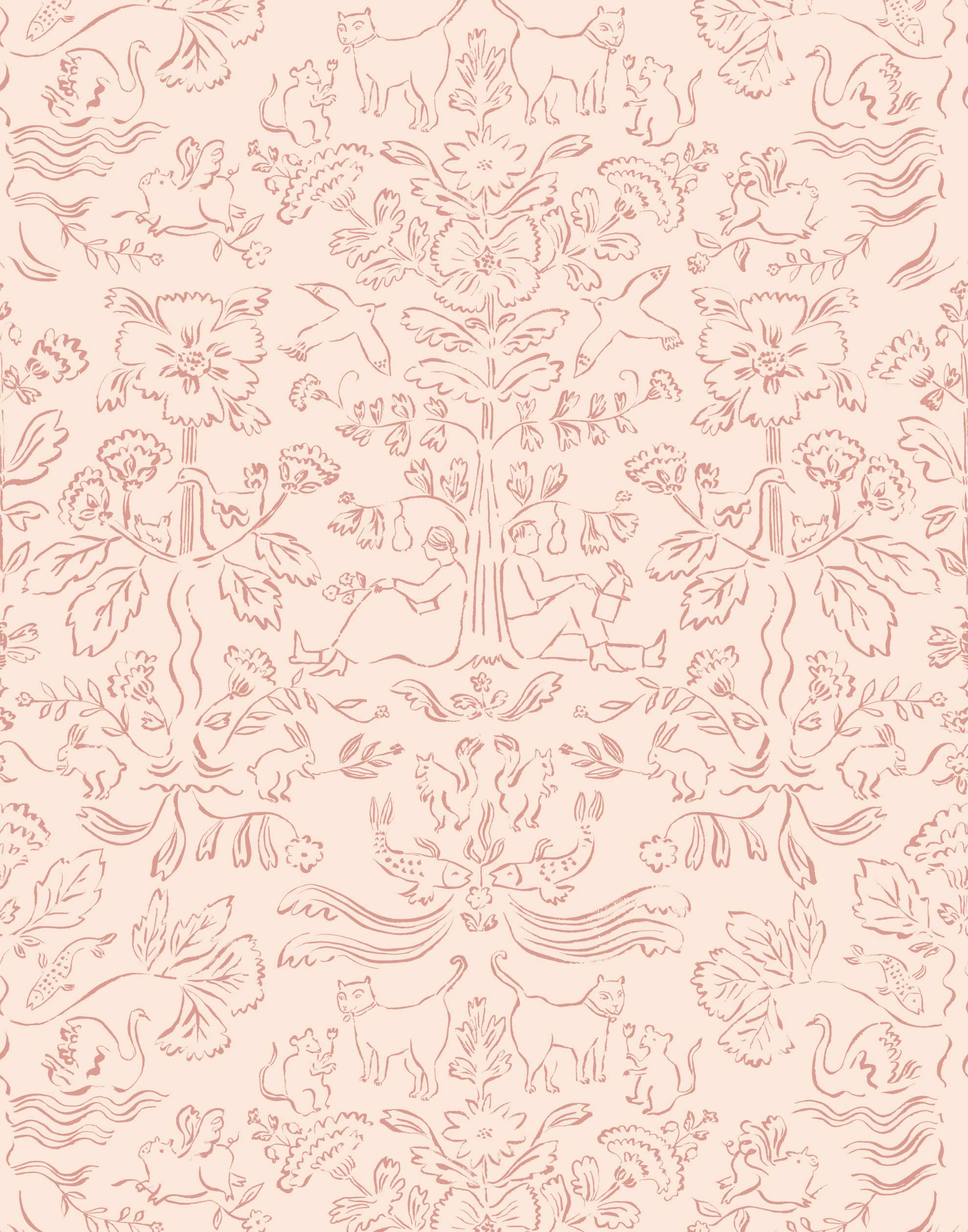 Storyline (Blush) Wallpaper | Folk art inspired pattern featuring flora and fauna in dusty pink on a soft pink ground