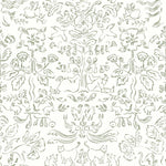 Storyline (Sage) Wallpaper | Folk art inspired pattern featuring flora and fauna in sage green on a soft gray ground