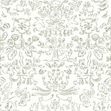Storyline (Sage) Wallpaper | Folk art inspired pattern featuring flora and fauna in sage green on a soft gray ground