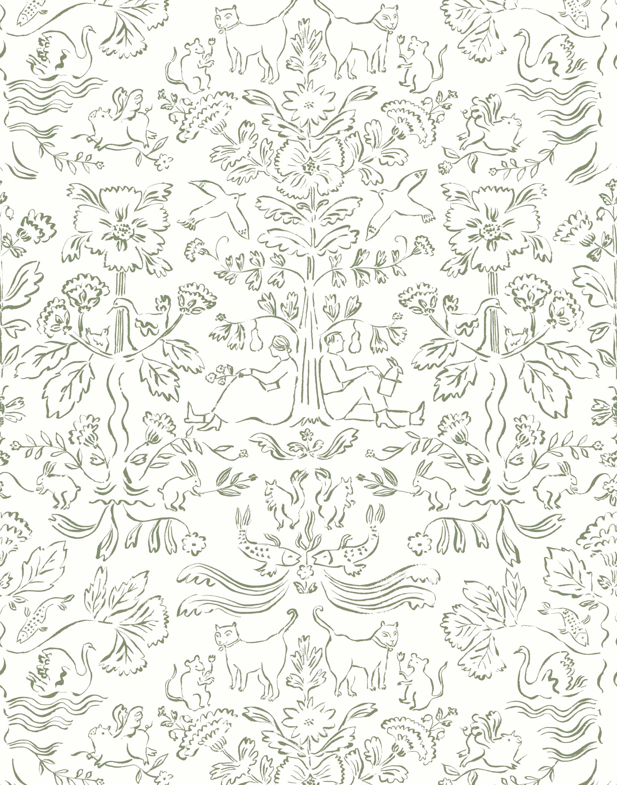 Storyline (Sage) Wallpaper | Folk art inspired pattern featuring flora and fauna in sage green on a soft gray ground