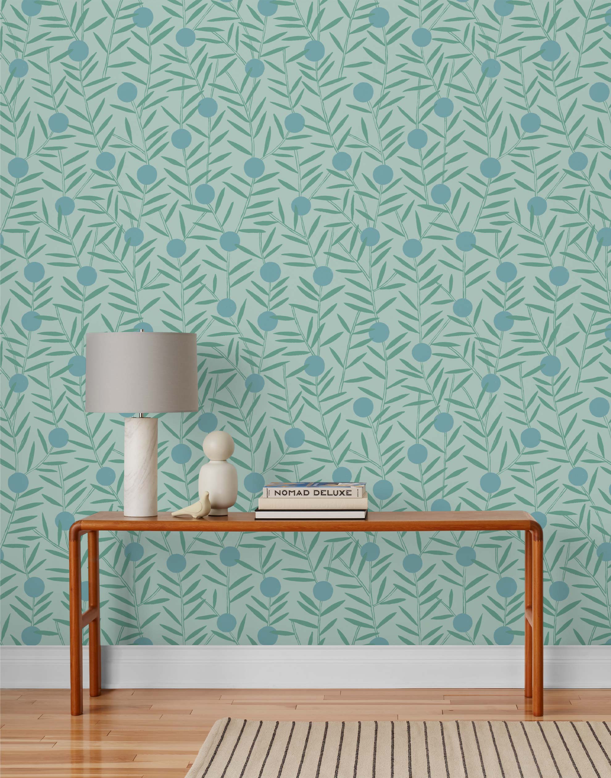 Bloom (Mist) Wallpaper featuring turquoise dots and green stems on a mist blue ground in a modern, graphic floral 
