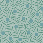 Bloom (Mist) Wallpaper featuring turquoise dots and green stems on a mist blue ground in a modern, graphic floral 