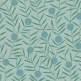 Bloom (Mist) Wallpaper featuring turquoise dots and green stems on a mist blue ground in a modern, graphic floral 