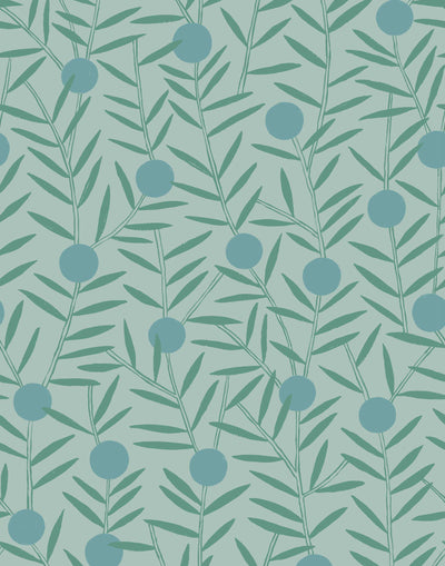 Bloom (Mist) Wallpaper featuring turquoise dots and green stems on a mist blue ground in a modern, graphic floral 