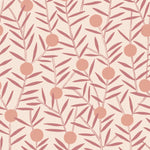 Bloom (Blush) Wallpaper featuring peach dots and mauve stems on a soft pink ground in a modern, graphic floral 