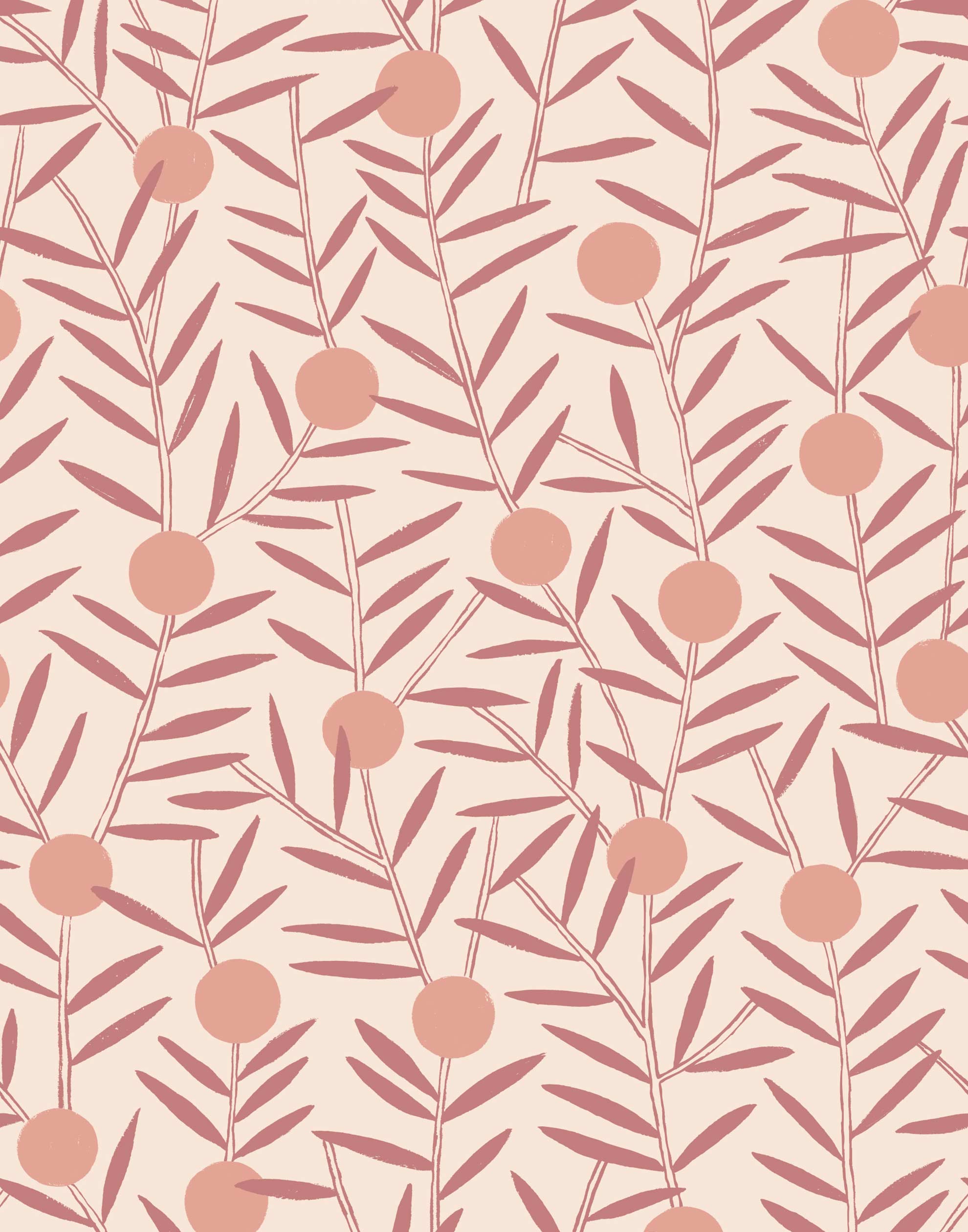 Bloom (Blush) Wallpaper featuring peach dots and mauve stems on a soft pink ground in a modern, graphic floral 