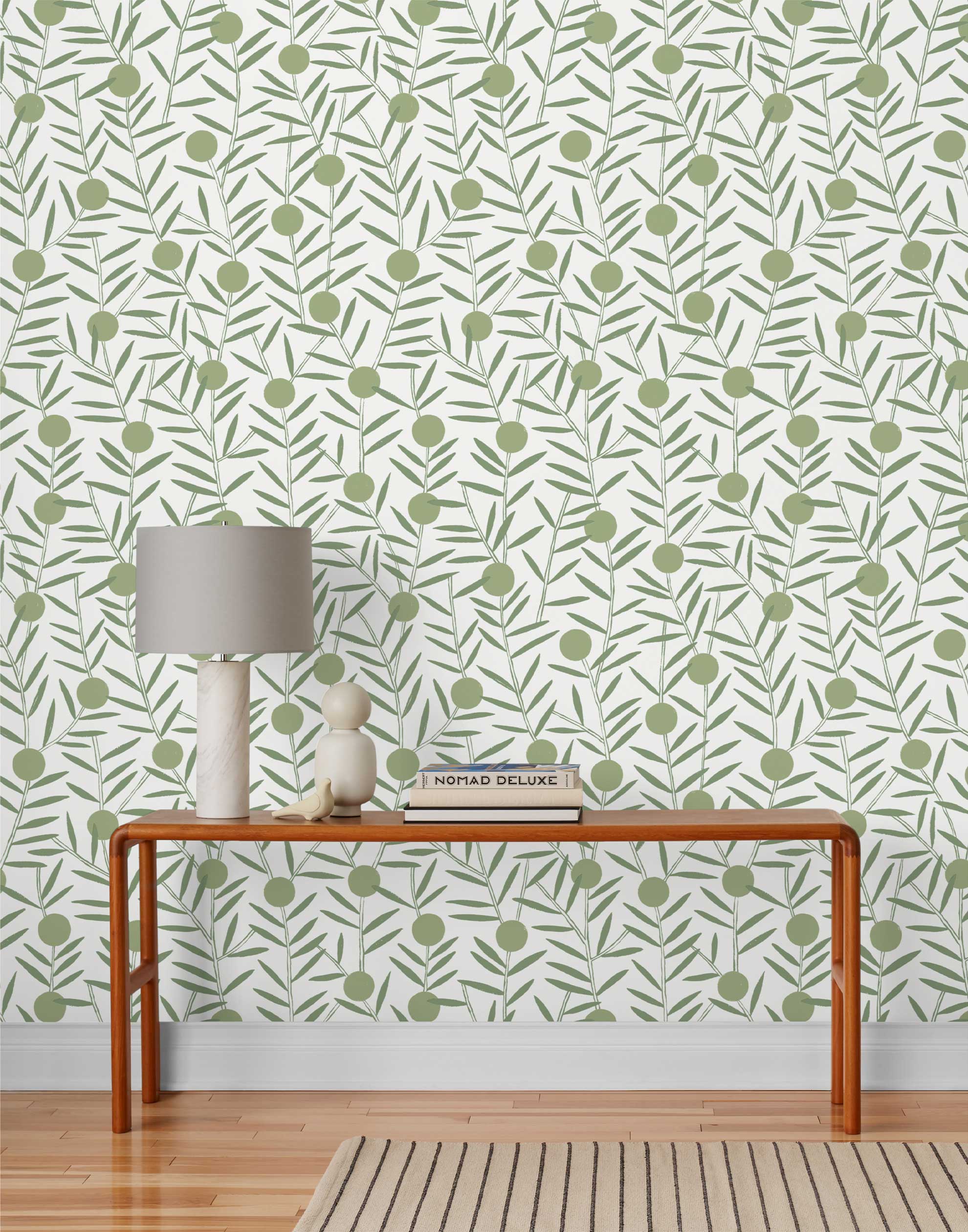 Bloom (Sage) Wallpaper featuring green dots and stems on an off white ground in a modern, graphic floral