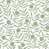 Bloom (Sage) Wallpaper featuring green dots and stems on an off white ground in a modern, graphic floral