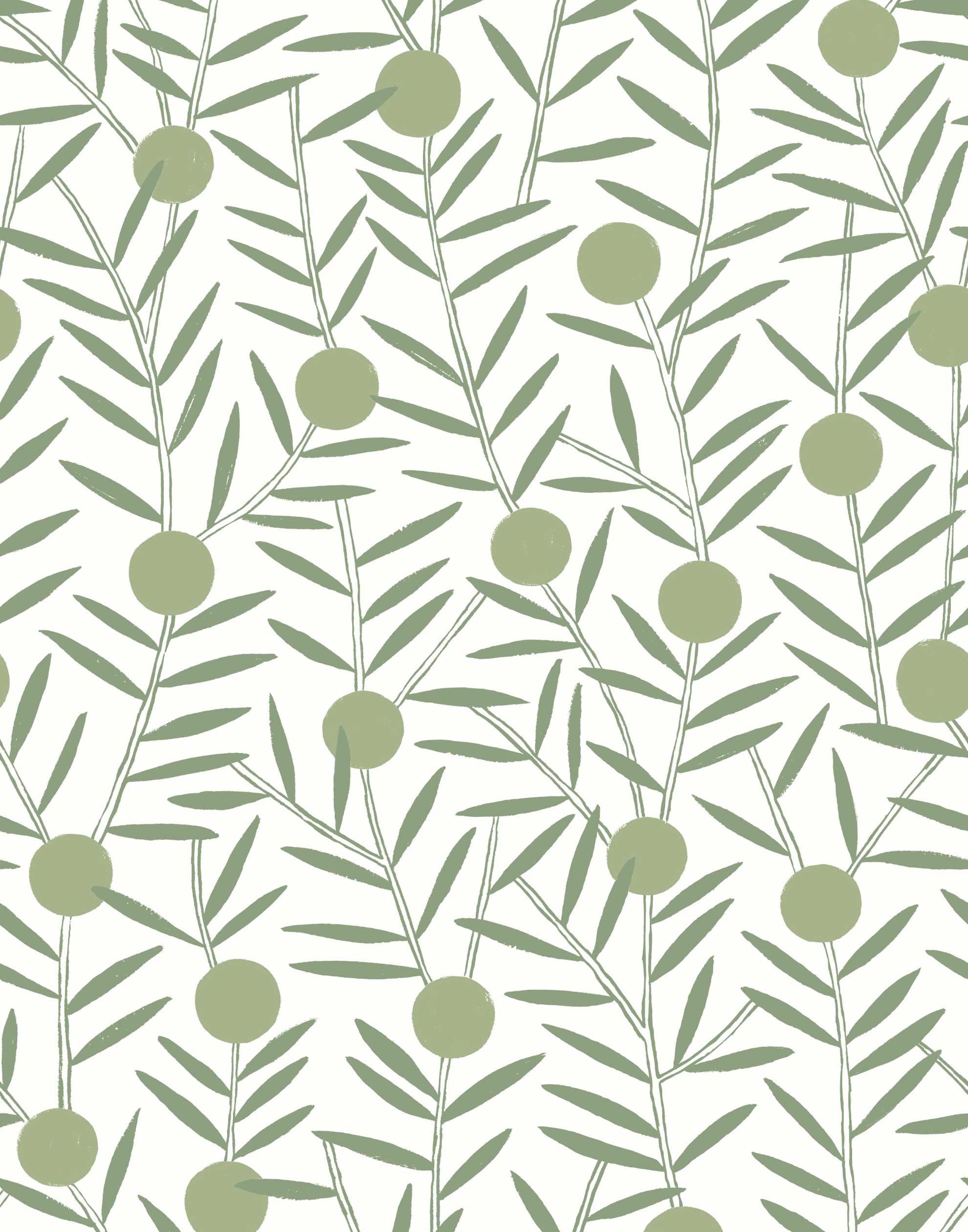 Bloom (Sage) Wallpaper featuring green dots and stems on an off white ground in a modern, graphic floral