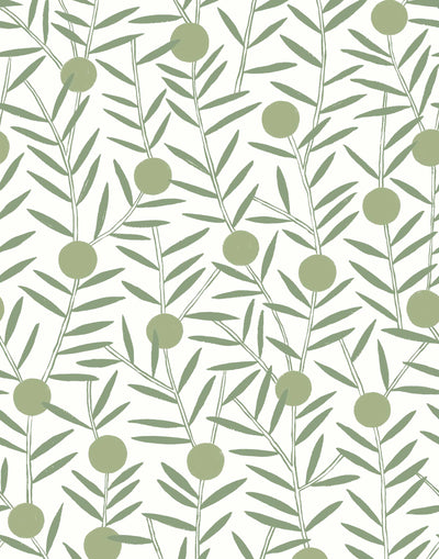 Bloom (Sage) Wallpaper featuring green dots and stems on an off white ground in a modern, graphic floral