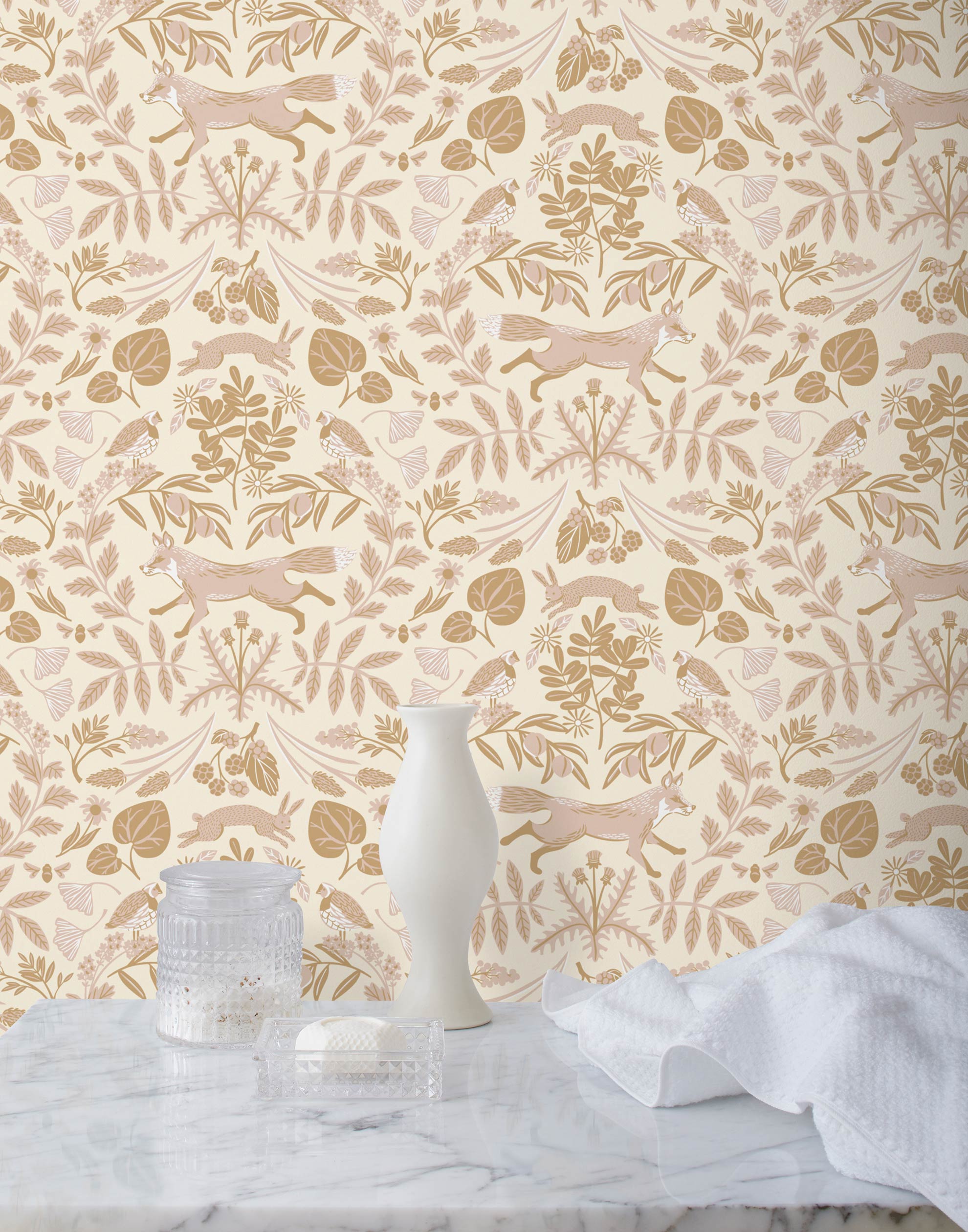 Piedmont (Blush) wallpaper with pink foxes, taupe flora, white accents on a light pink background