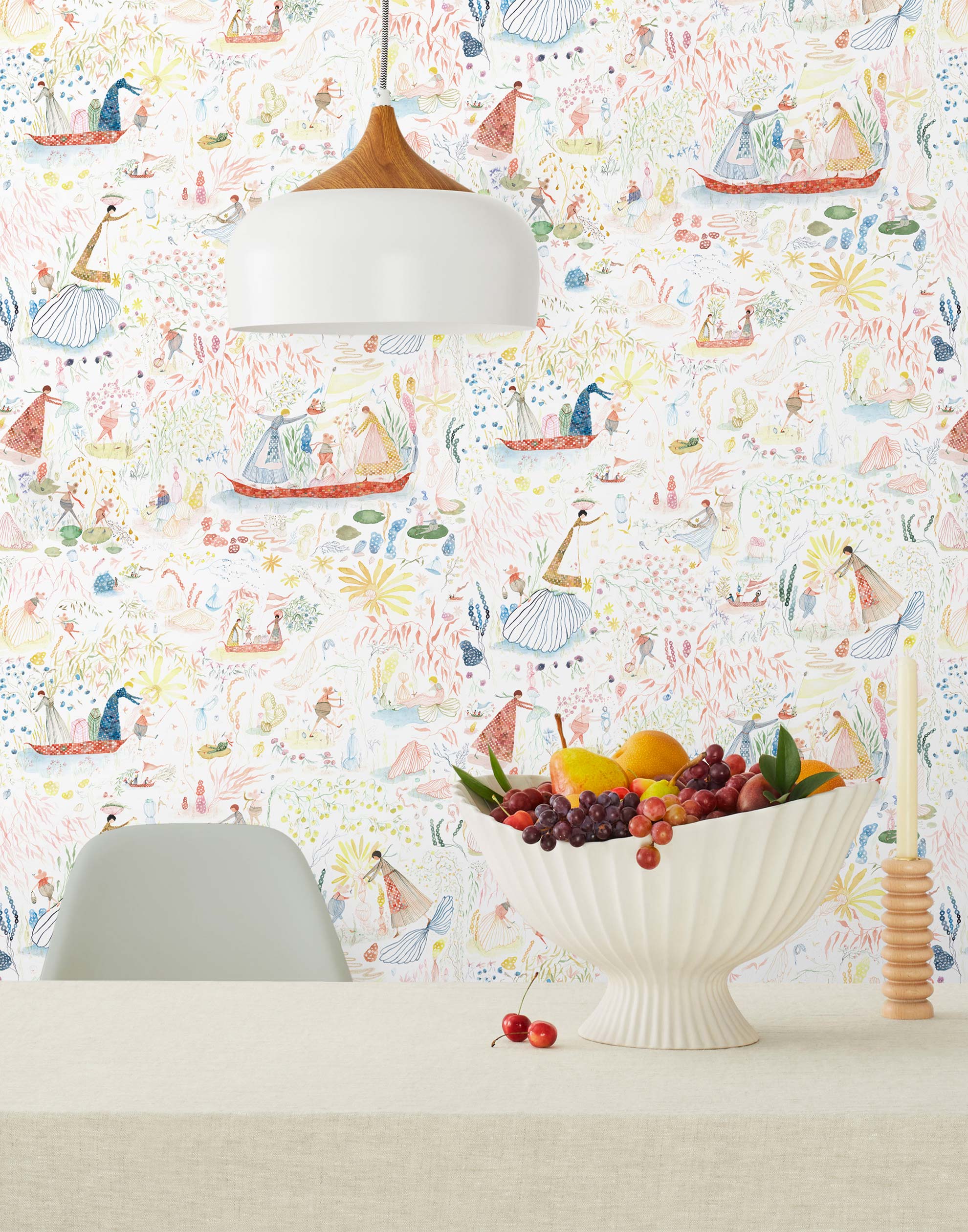 Detailed delights await discovery in Garden in the Sea Wallpaper - dancing mice, floating boats, sneaky snakes, swaying branches, and more. Hand-painted in red, green, blue, and yellow on a white background. Hillery Sproat + Hygge & West