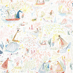 Detailed delights await discovery in Garden in the Sea Wallpaper - dancing mice, floating boats, sneaky snakes, swaying branches, and more. Hand-painted in red, green, blue, and yellow on a white background. Hillery Sproat + Hygge & West