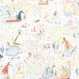 Detailed delights await discovery in Garden in the Sea Wallpaper - dancing mice, floating boats, sneaky snakes, swaying branches, and more. Hand-painted in red, green, blue, and yellow on a white background. Hillery Sproat + Hygge & West