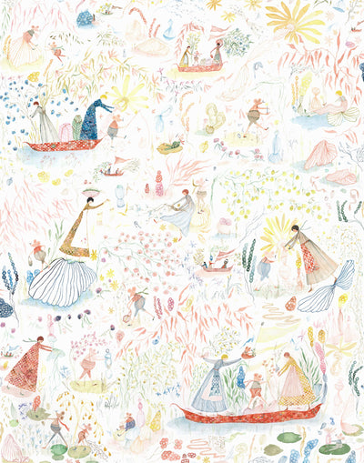 Detailed delights await discovery in Garden in the Sea Wallpaper - dancing mice, floating boats, sneaky snakes, swaying branches, and more. Hand-painted in red, green, blue, and yellow on a white background. Hillery Sproat + Hygge & West