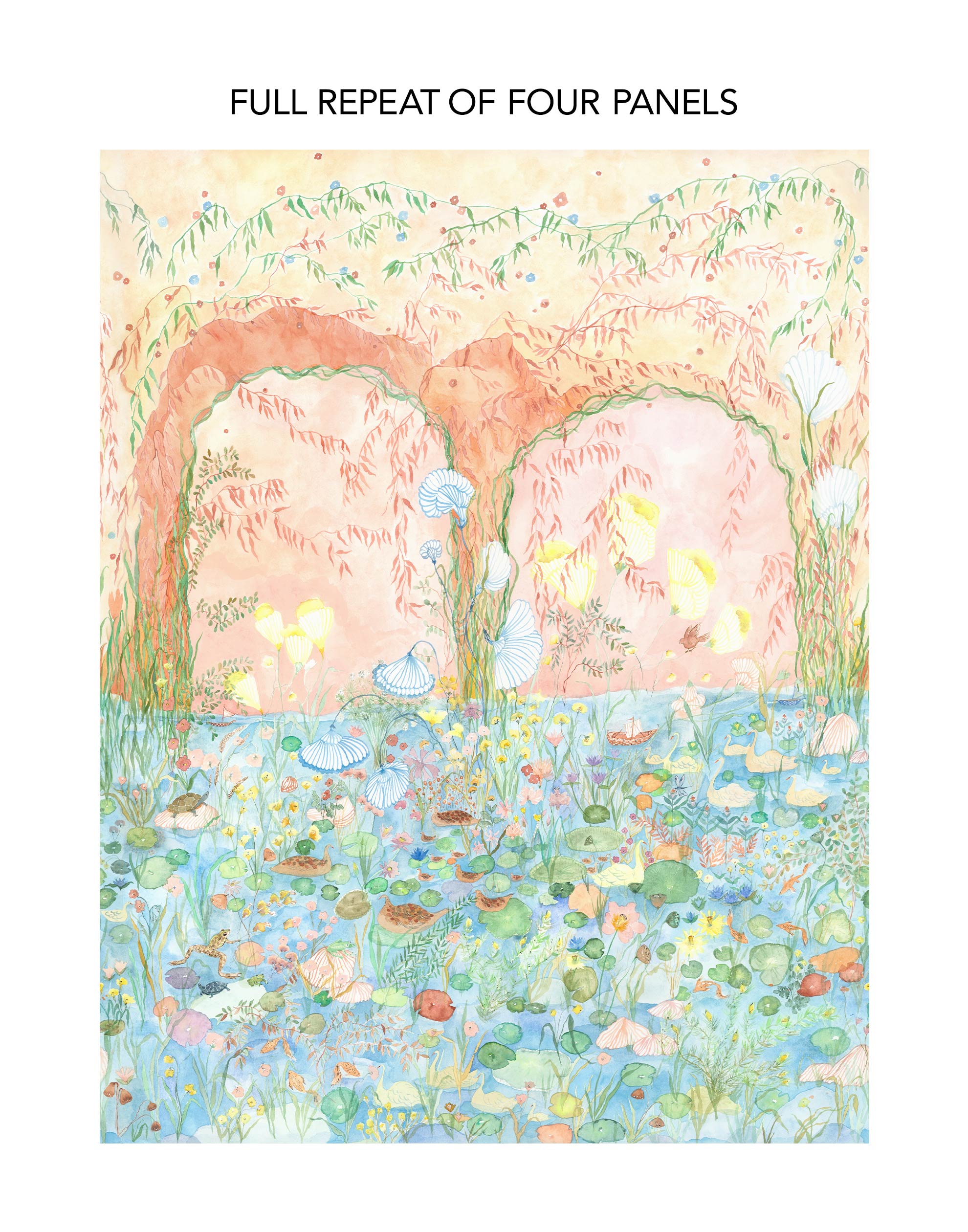 Watercolored swans, turtles, frogs, and fish swim in a flora filled pond beneath an arch of climbing plants and grasses. Lily Pond Mural contains a rainbow of soft watercolors - yellow, peach, apricot, green and blue. Hillery Sproat + Hygge & West