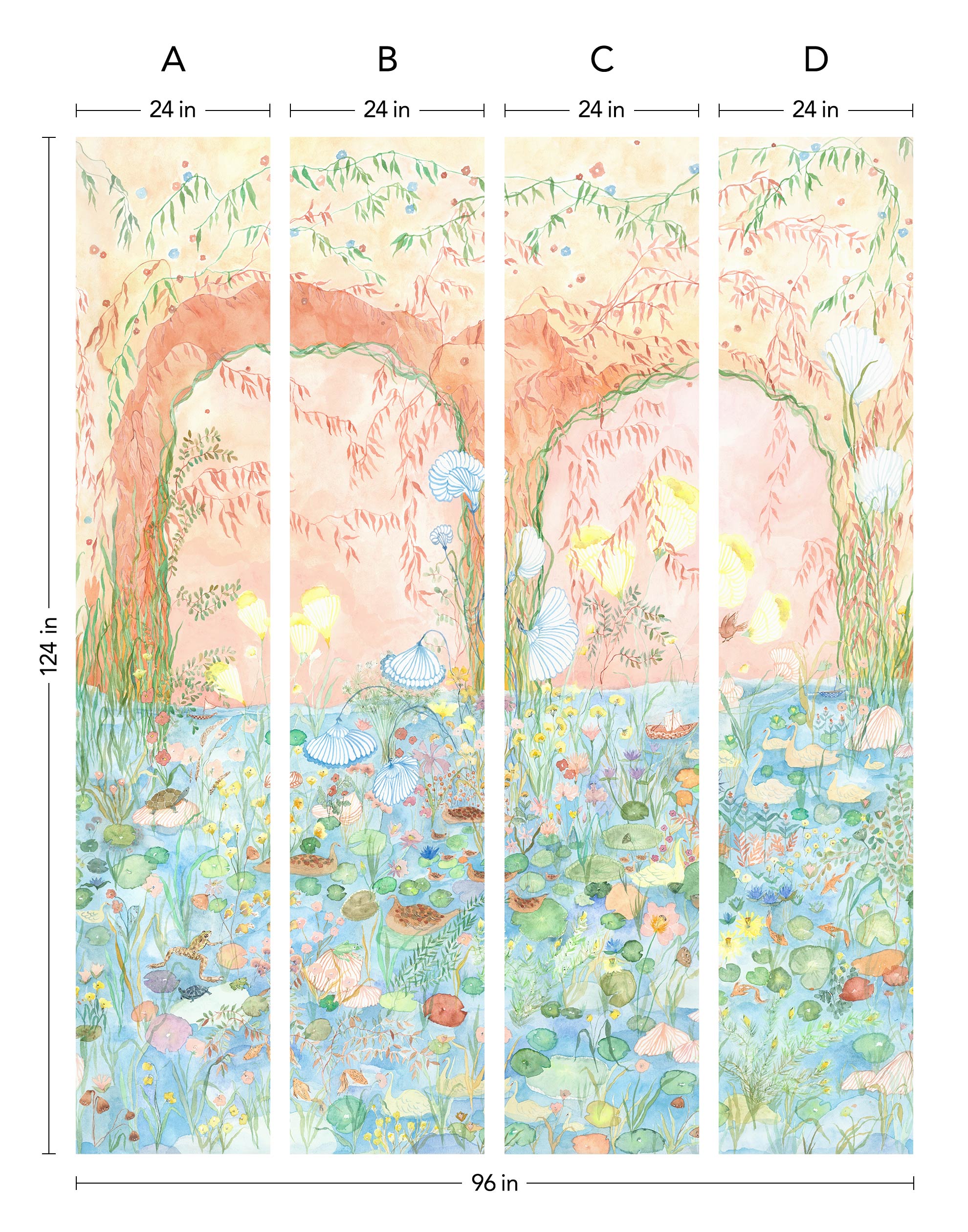 Watercolored swans, turtles, frogs, and fish swim in a flora filled pond beneath an arch of climbing plants and grasses. Lily Pond Mural contains a rainbow of soft watercolors - yellow, peach, apricot, green and blue. Hillery Sproat + Hygge & West