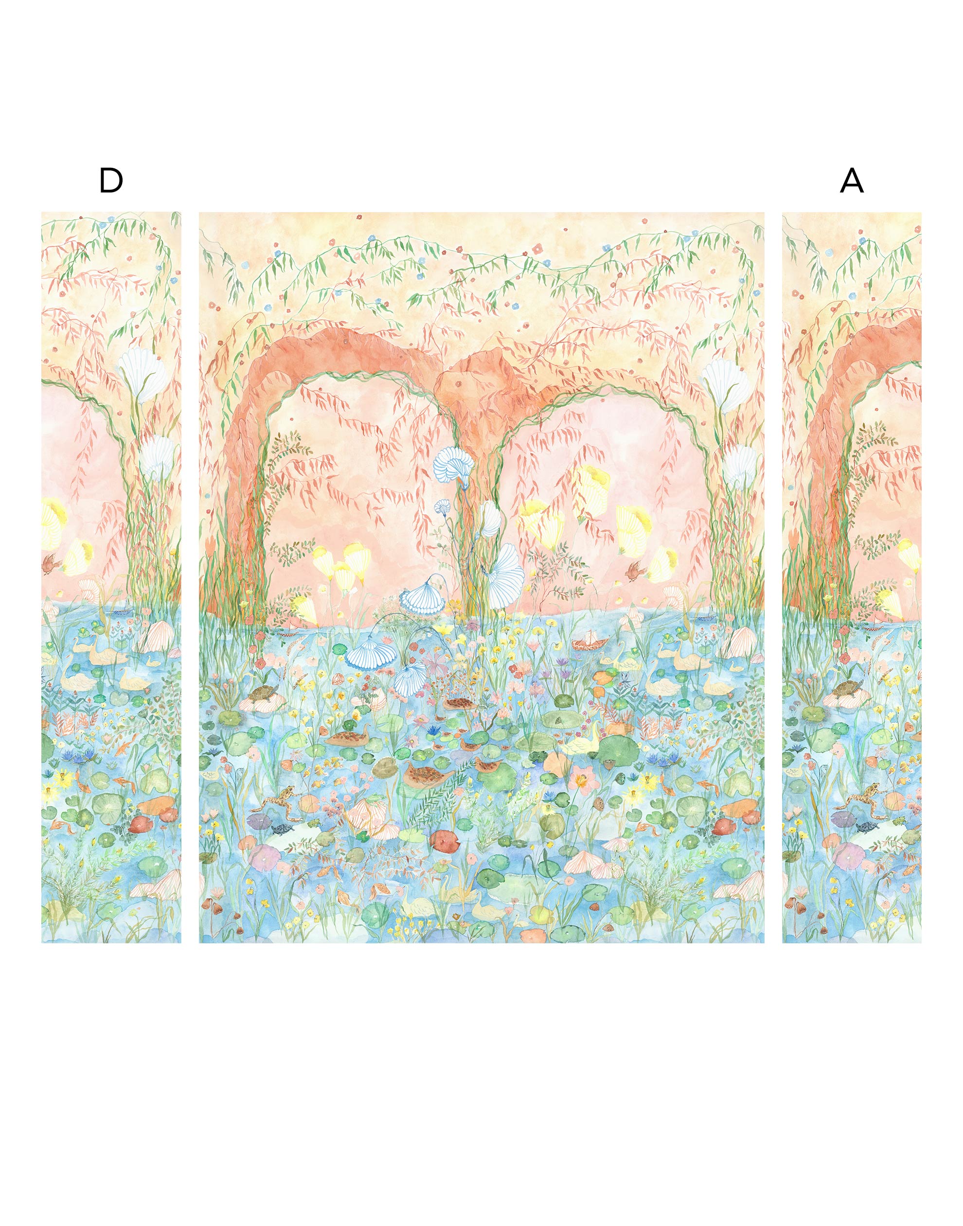 Watercolored swans, turtles, frogs, and fish swim in a flora filled pond beneath an arch of climbing plants and grasses. Lily Pond Mural contains a rainbow of soft watercolors - yellow, peach, apricot, green and blue. Hillery Sproat + Hygge & West