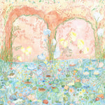 Watercolored swans, turtles, frogs, and fish swim in a flora filled pond beneath an arch of climbing plants and grasses. Lily Pond Mural contains a rainbow of soft watercolors - yellow, peach, apricot, green and blue. Hillery Sproat + Hygge & West