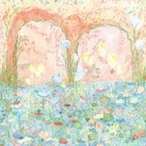 Watercolored swans, turtles, frogs, and fish swim in a flora filled pond beneath an arch of climbing plants and grasses. Lily Pond Mural contains a rainbow of soft watercolors - yellow, peach, apricot, green and blue. Hillery Sproat + Hygge & West