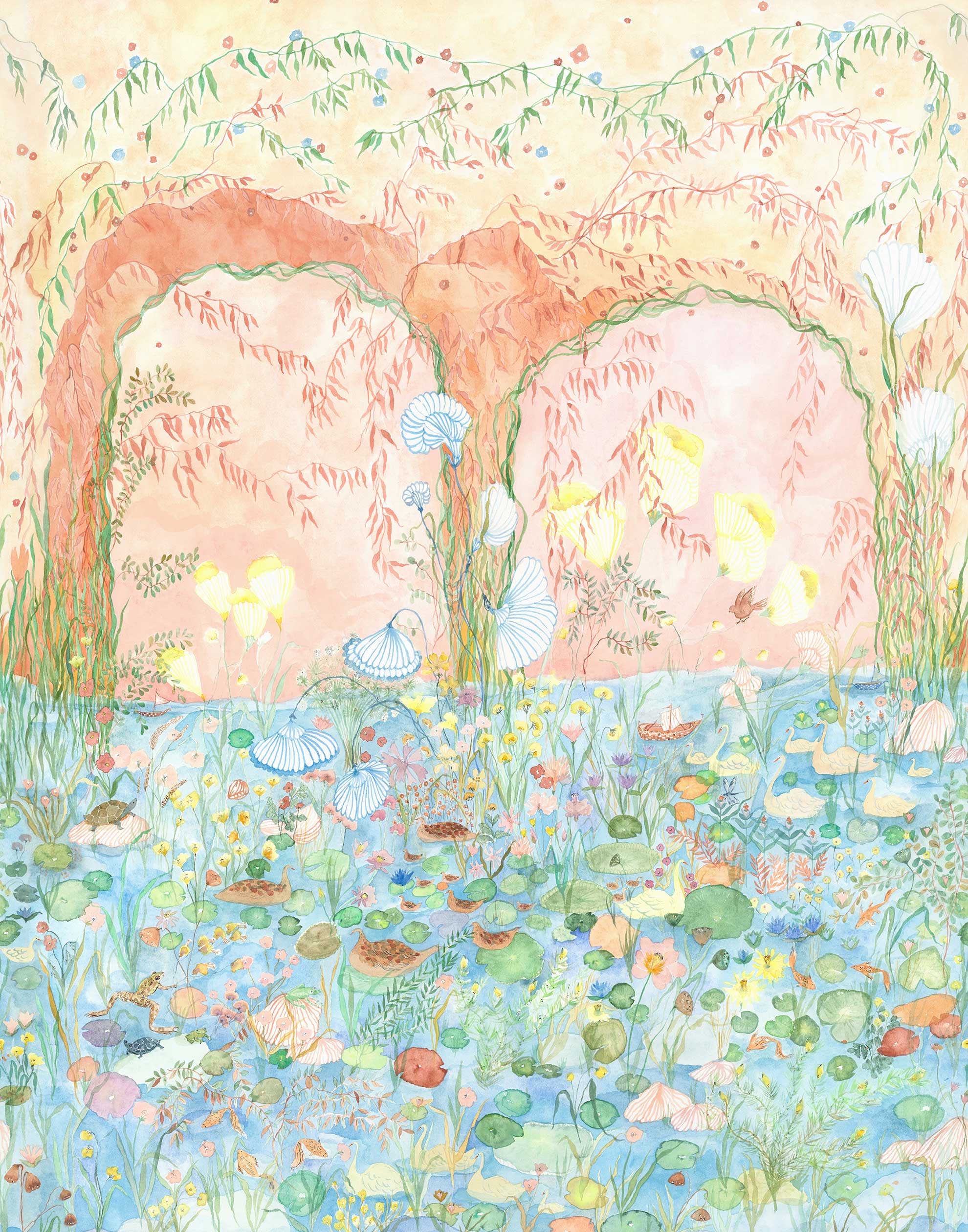 Watercolored swans, turtles, frogs, and fish swim in a flora filled pond beneath an arch of climbing plants and grasses. Lily Pond Mural contains a rainbow of soft watercolors - yellow, peach, apricot, green and blue. Hillery Sproat + Hygge & West