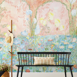 Watercolored swans, turtles, frogs, and fish swim in a flora filled pond beneath an arch of climbing plants and grasses. Lily Pond Mural contains a rainbow of soft watercolors - yellow, peach, apricot, green and blue. Hillery Sproat + Hygge & West